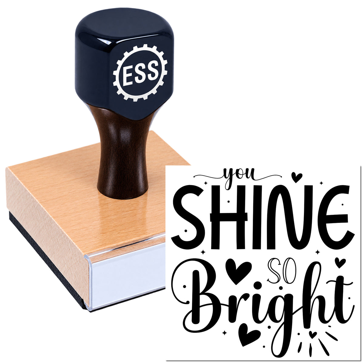 Dark navy custom rubber stamp and peach seal block with "you shine so bright" lettering and heart accents.