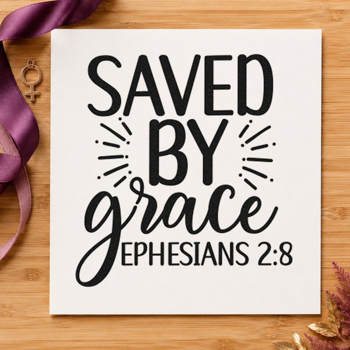 Saved By Grace Ephesians rubber stamp printed in black ink, ready for greeter rota sheet and similar paper crafts.