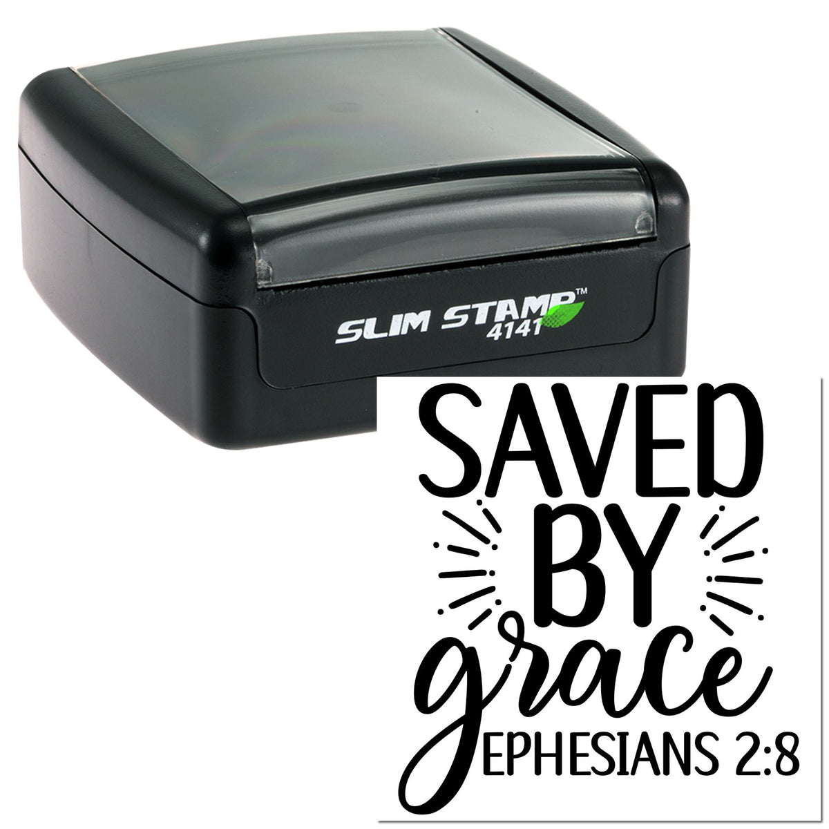 Trodat Slim Saved By Grace craft stamp with black ink, featuring a mini card design for creative stamping projects.
