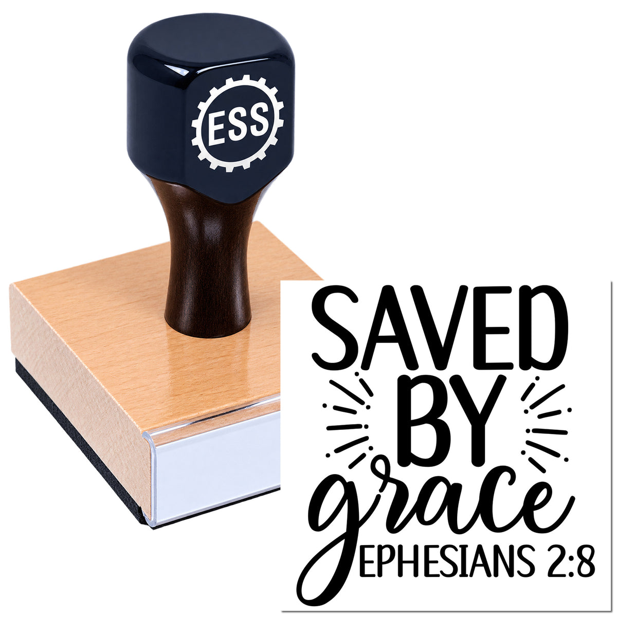 Black ESS stamp seal on copper block with "Saved by grace, Ephesians 2:8" text on white background.