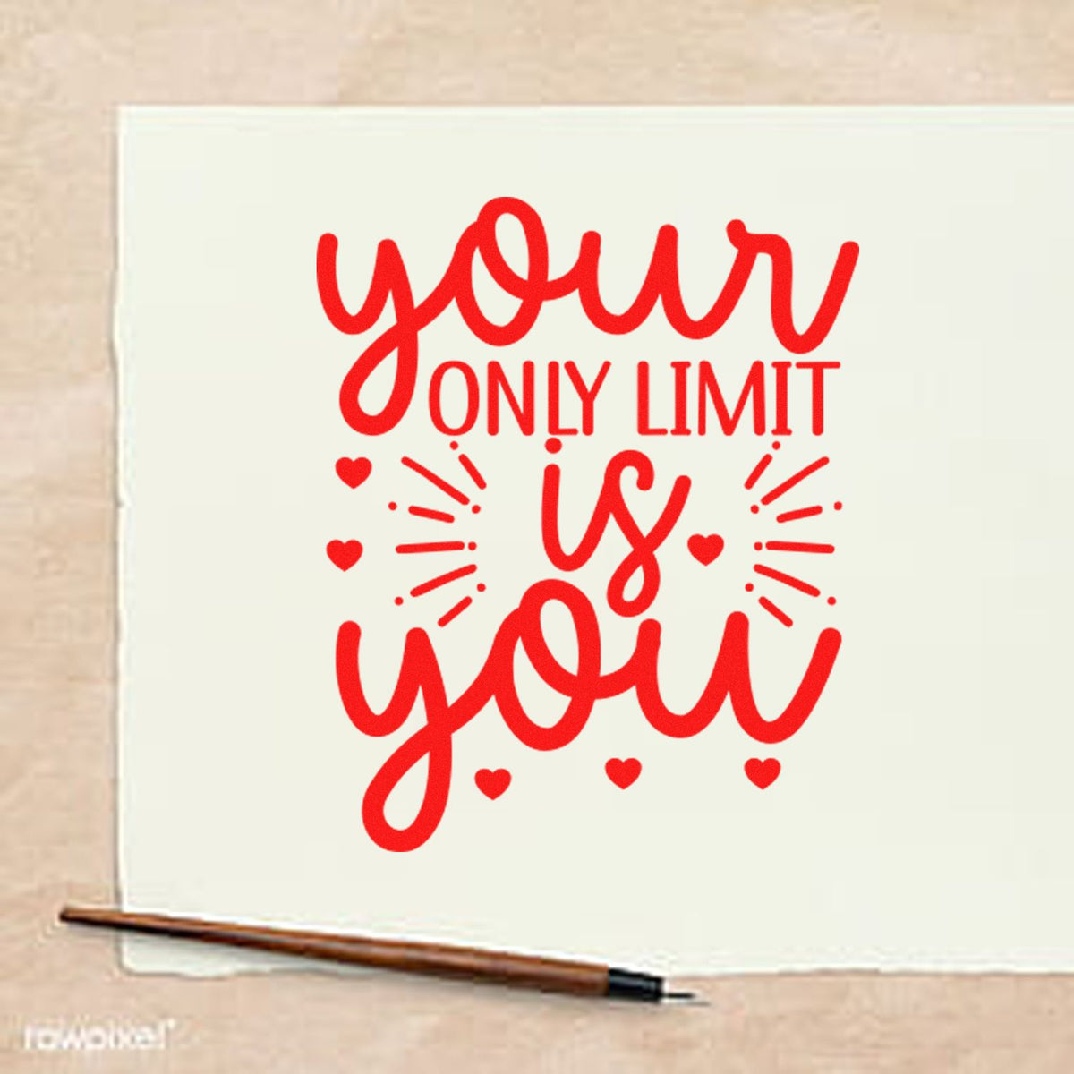 Red your only limit is you stamp seal with hearts on white paper, shown with a brown handle on beige background.