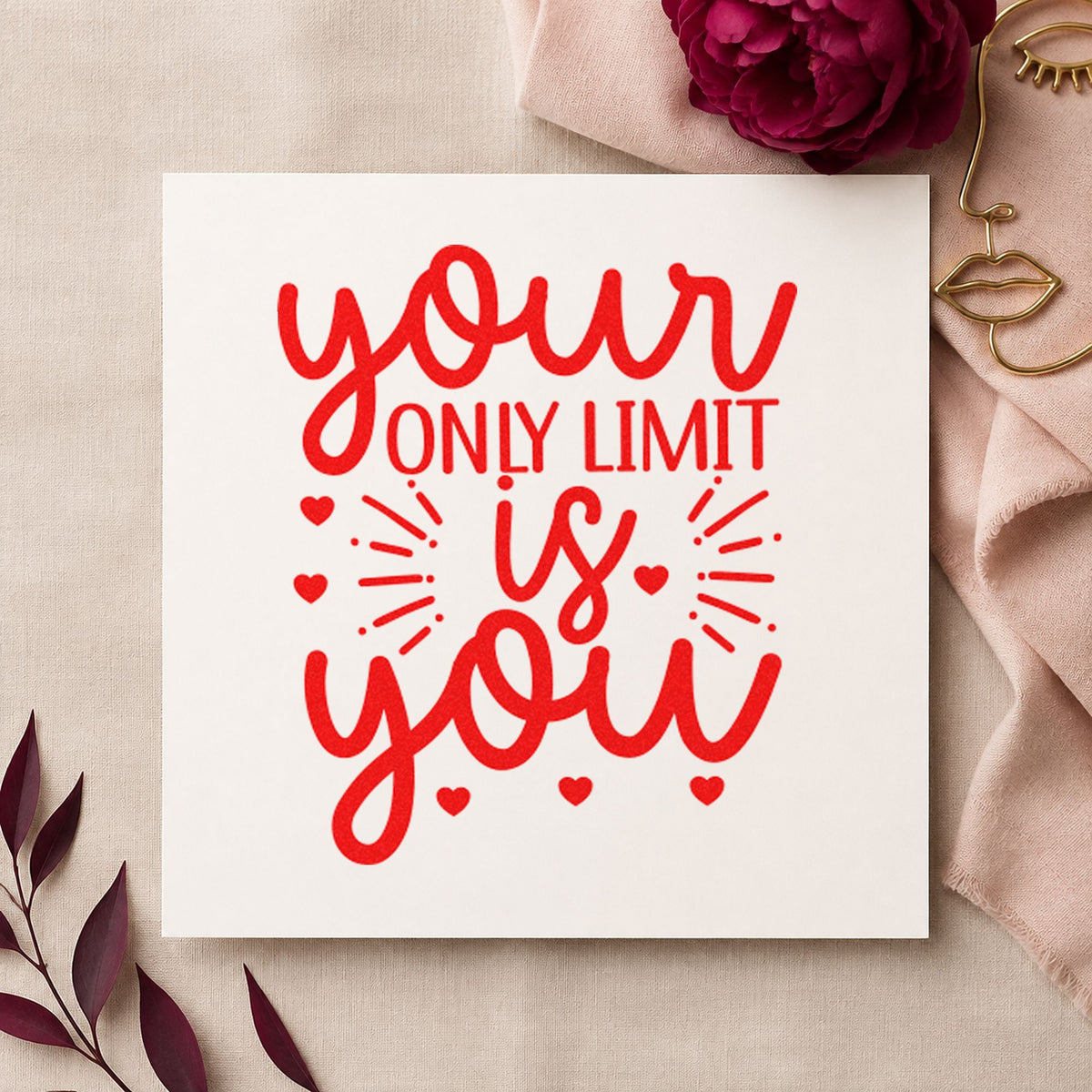 Your Only Limit Is You Rays craft stamp imprint in red ink on a handmade project, one idea being trail note cards.