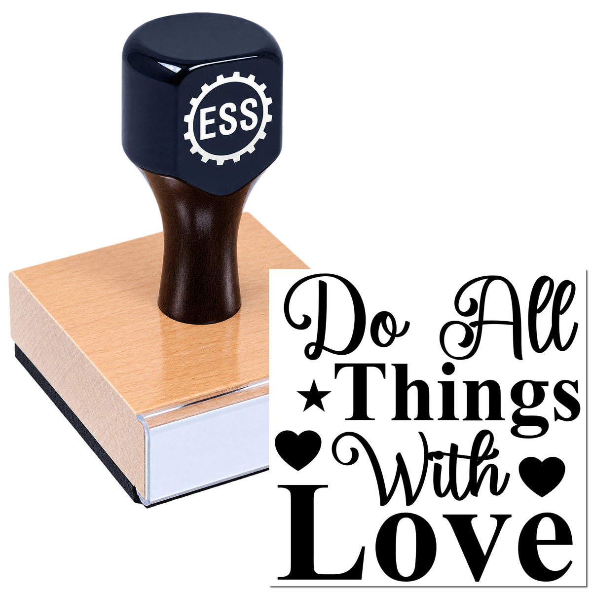 Black custom rubber stamp and seal with ESS gear logo on a peach base beside "Do All Things With Love" text.