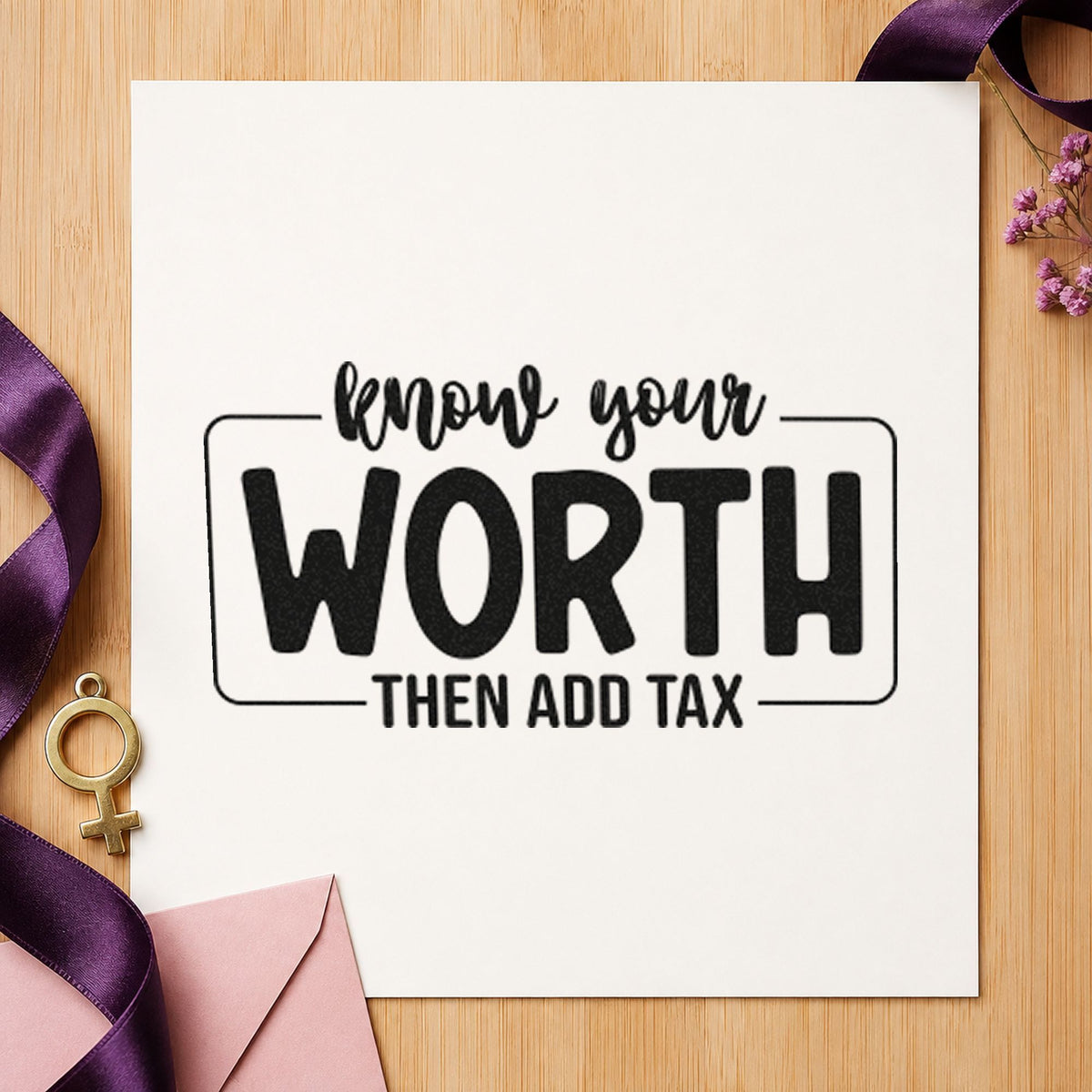 Know Your Worth Add Tax craft stamp in black ink on cardstock, an easy option for wedding album page.