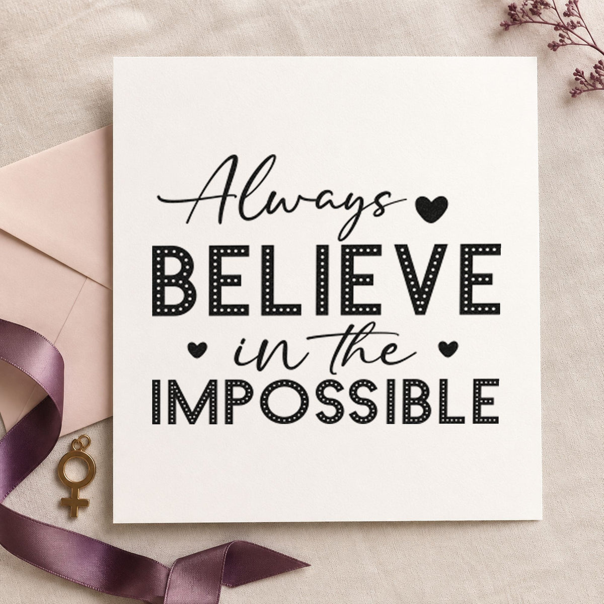 Always Believe In Impossible Dots craft stamp imprint in black ink on a handmade project, one idea being winner gift tags.