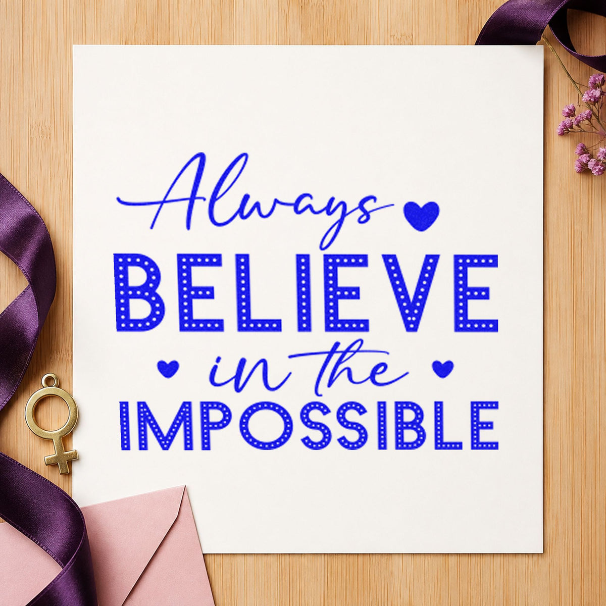 Always Believe In Impossible Dots craft stamp in blue ink on cardstock, an easy option for host shirt printing.