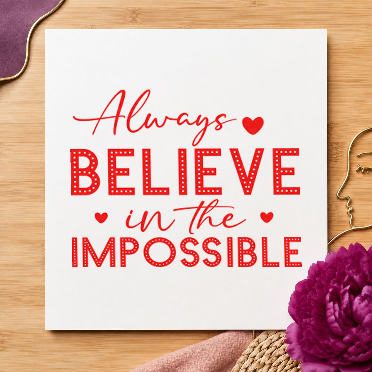 Always Believe In Impossible Dots rubber stamp shown in red ink, stamped for projects such as bin prop labels.