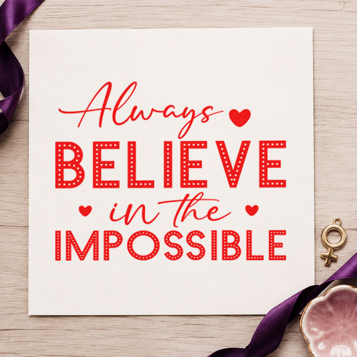 Always Believe In Impossible Dots craft stamp imprint in red ink on a handmade project, one idea being clue hint cards.