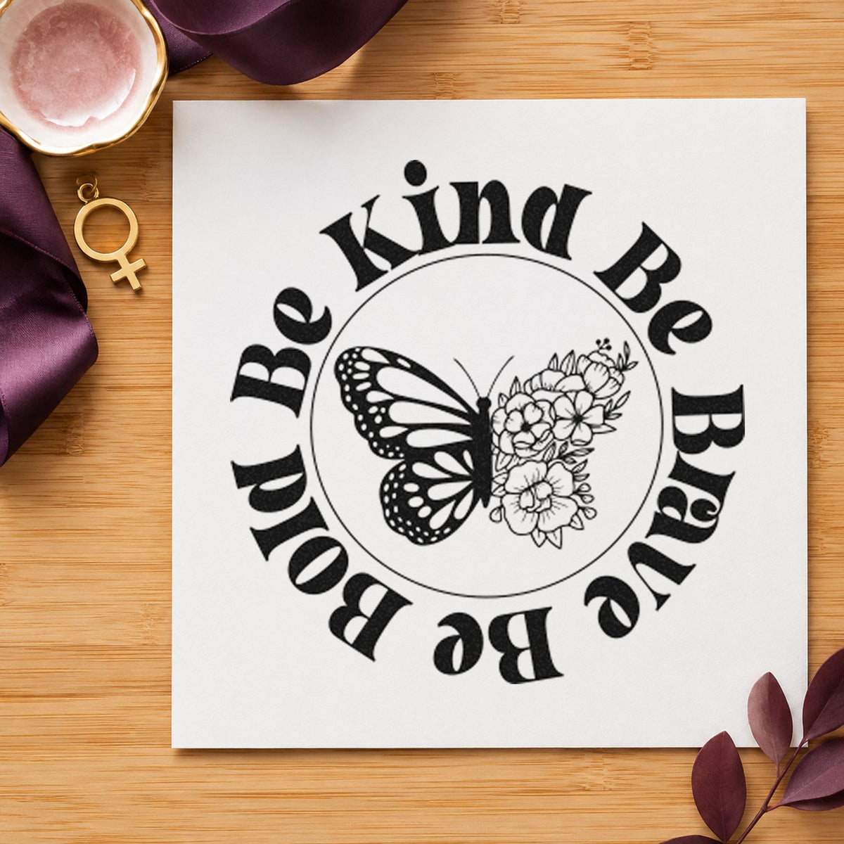 Be Kind Brave Bold Butterfly craft stamp in black ink on cardstock, an easy option for project term album page.
