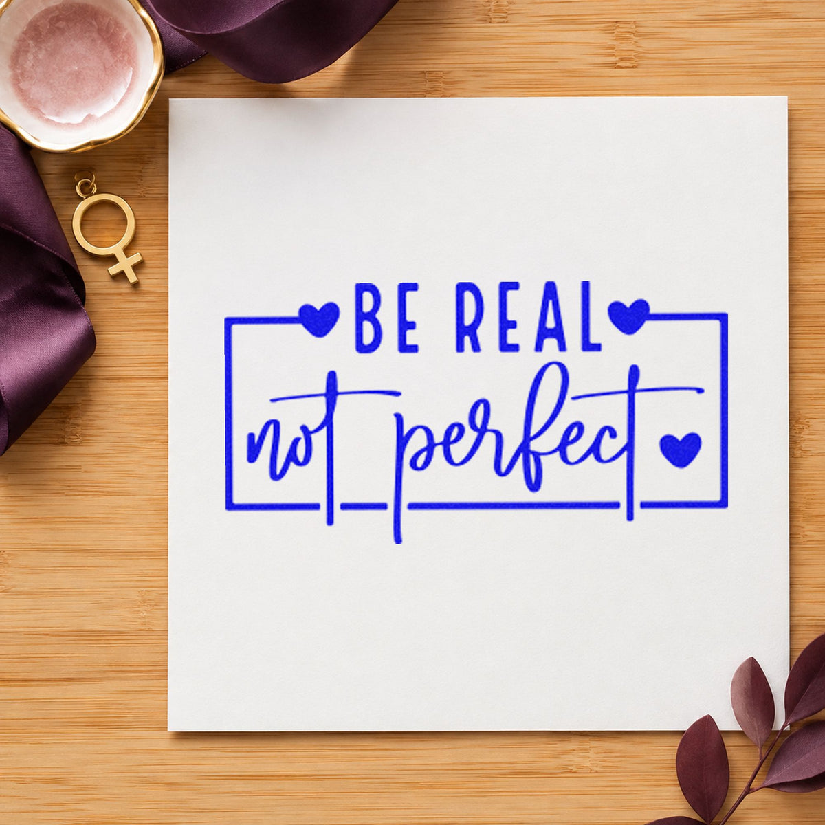 Be Real Not Perfect Frame craft stamp in blue ink on cardstock, an easy option for play blanket printing.