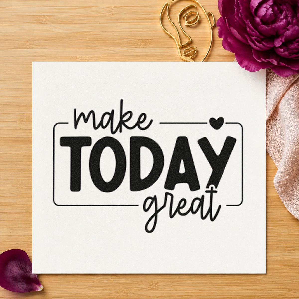 Make Today Great Framed craft stamp imprint in black ink on a handmade project, one idea being member kit gift tags.
