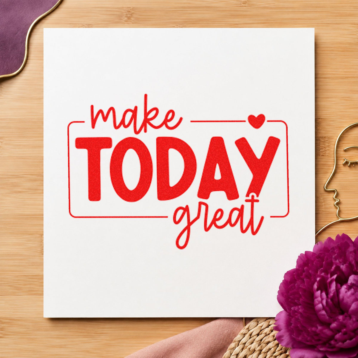 Make Today Great Framed craft stamp imprint in red ink on a handmade project, one idea being member intro cards.