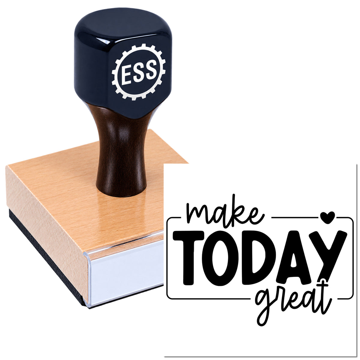 Black ESS custom stamp and seal on copper block, with "make TODAY great" black imprint sample.
