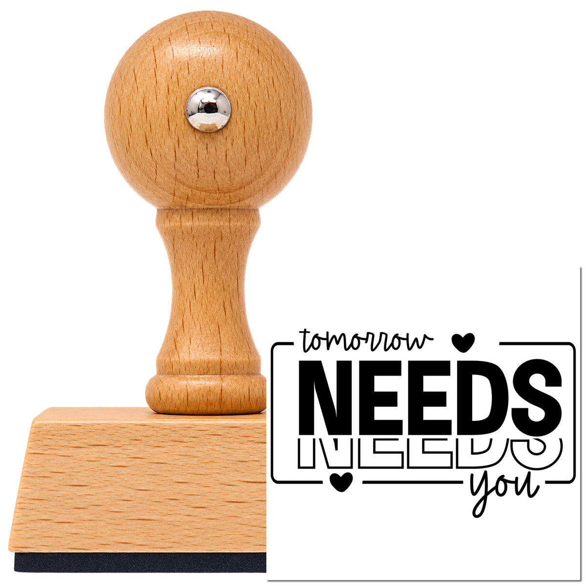 Vintage Pro beech wood stamp with a round knob handle, shown with its black Tomorrow Needs You Repeated With Hearts imprint on white.