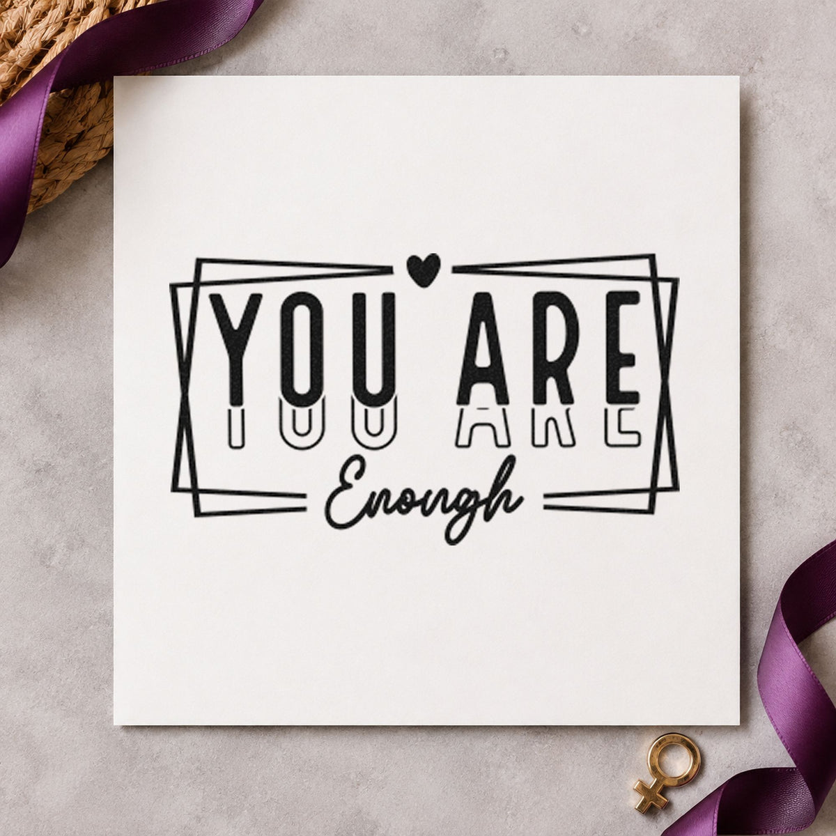 You Are Enough Layered Frame craft stamp in black ink on cardstock, an easy option for first year album page.