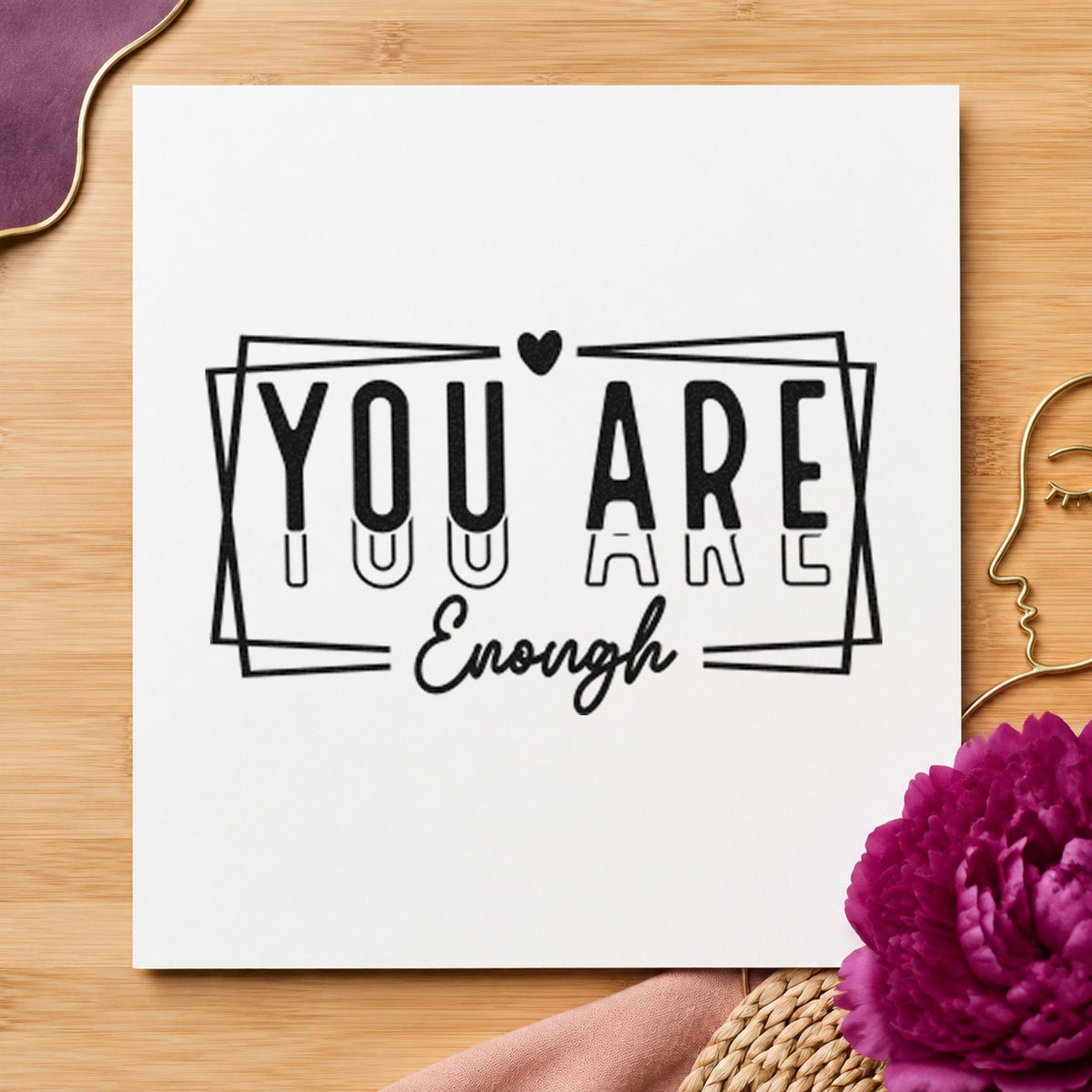 You Are Enough Layered Frame craft stamp imprint in black ink on a handmade project, one idea being supply box gift tags.