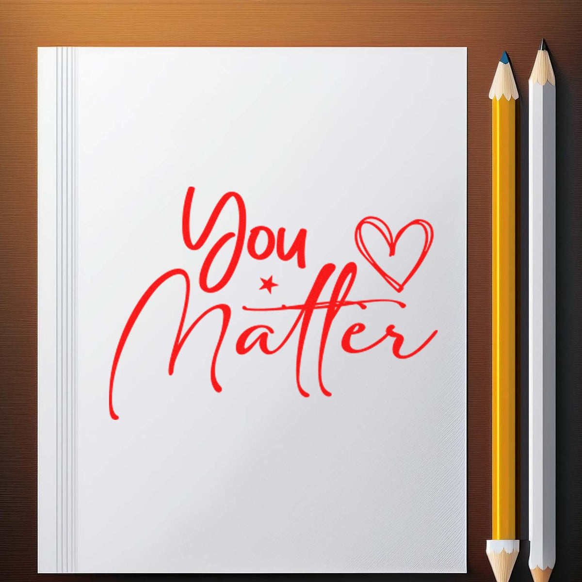 Red You Matter stamp seal design on white notebook, with yellow and white pencils on a brown desk.