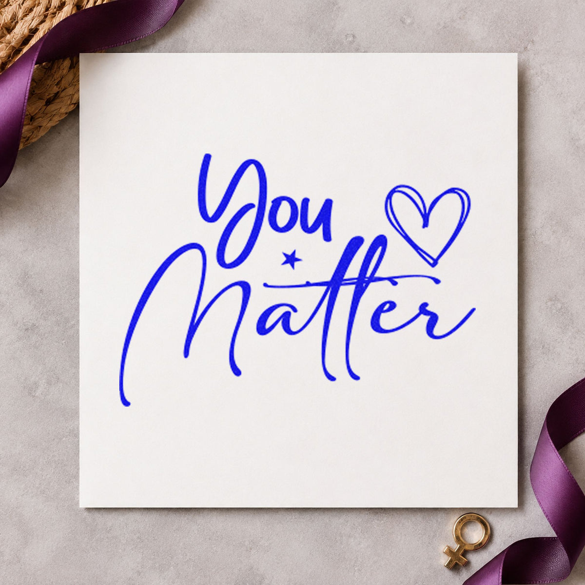 You Matter Heart Star craft stamp in blue ink on cardstock, an easy option for tote panel printing.