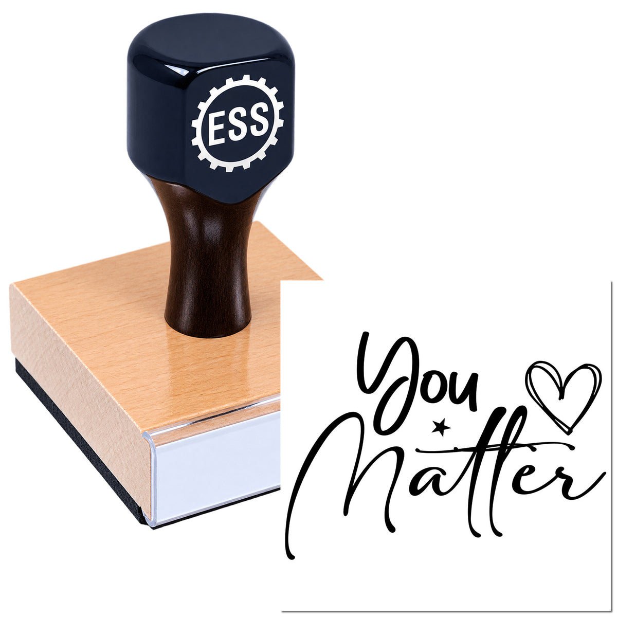 Dark blue ESS stamp on a pink seal block beside a black "You Matter" seal design.
