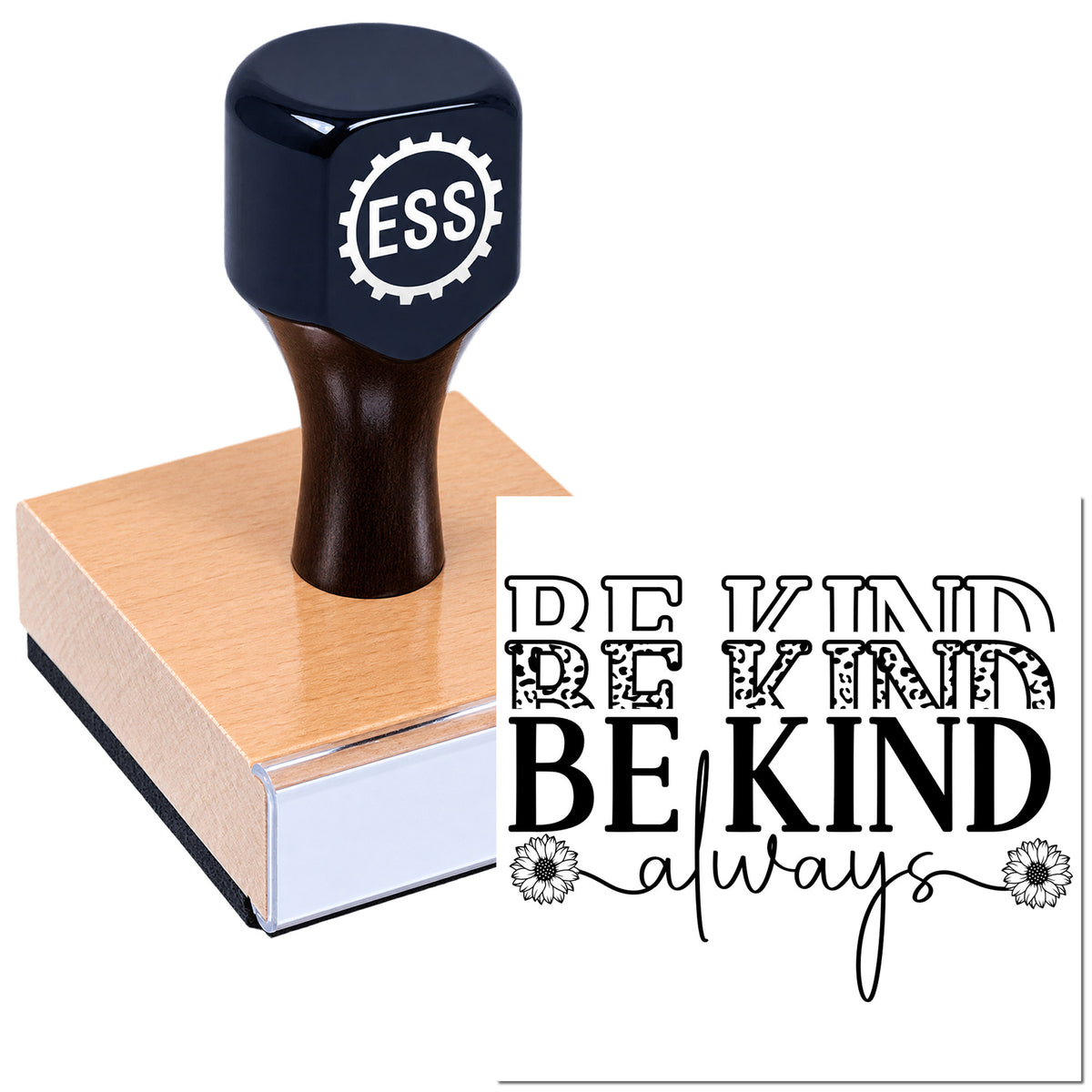 Dark blue ESS rubber stamp on a peach ink pad beside a black-and-white "Be Kind Always" seal design.