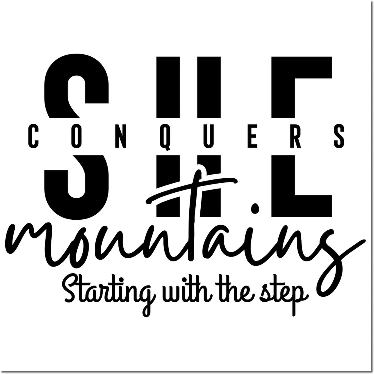 Black custom stamp and seal design reading Conquers Mountains with bold black and script typography on a white background.
