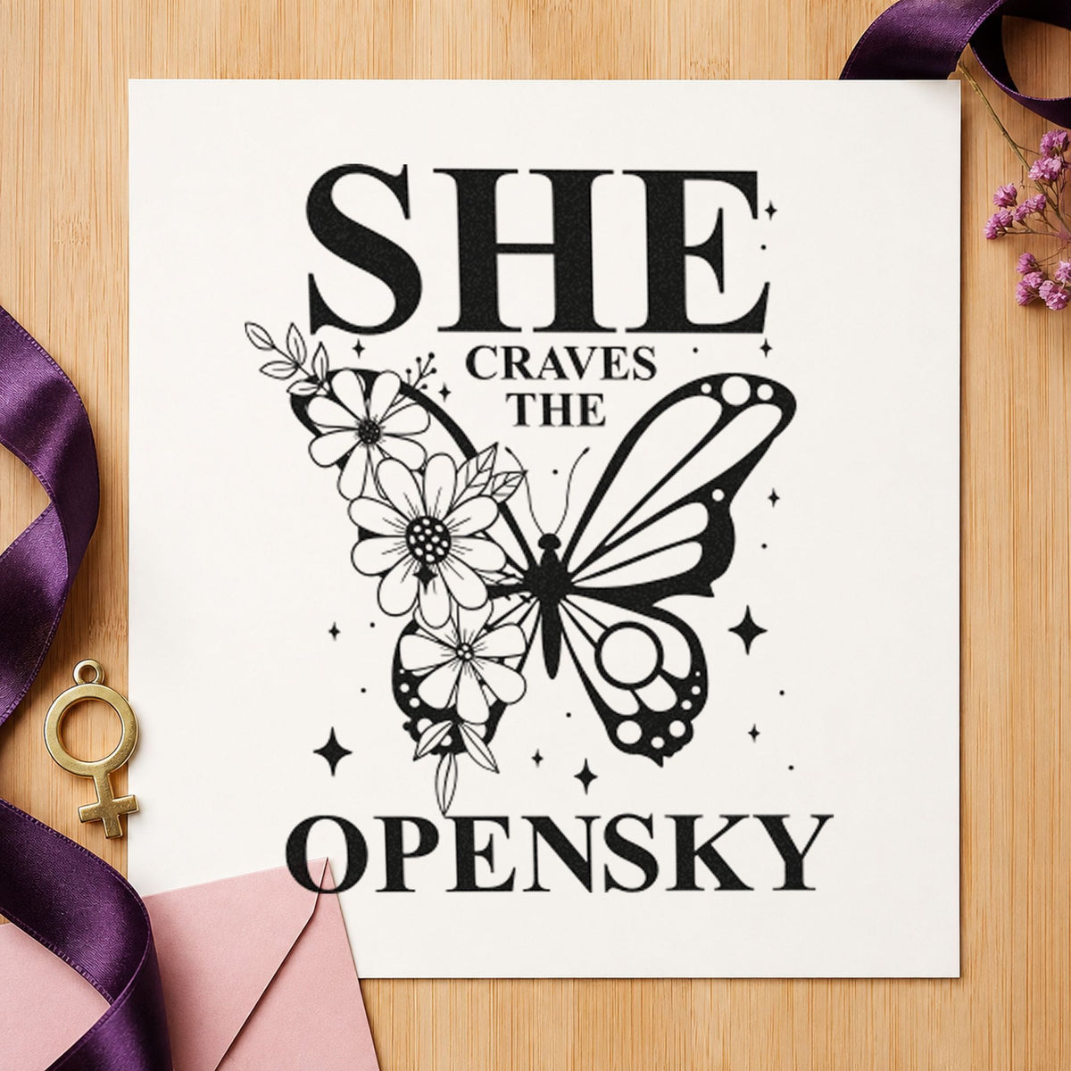 She Craves The Open Sky craft stamp in black ink on cardstock, an easy option for flight log album page.