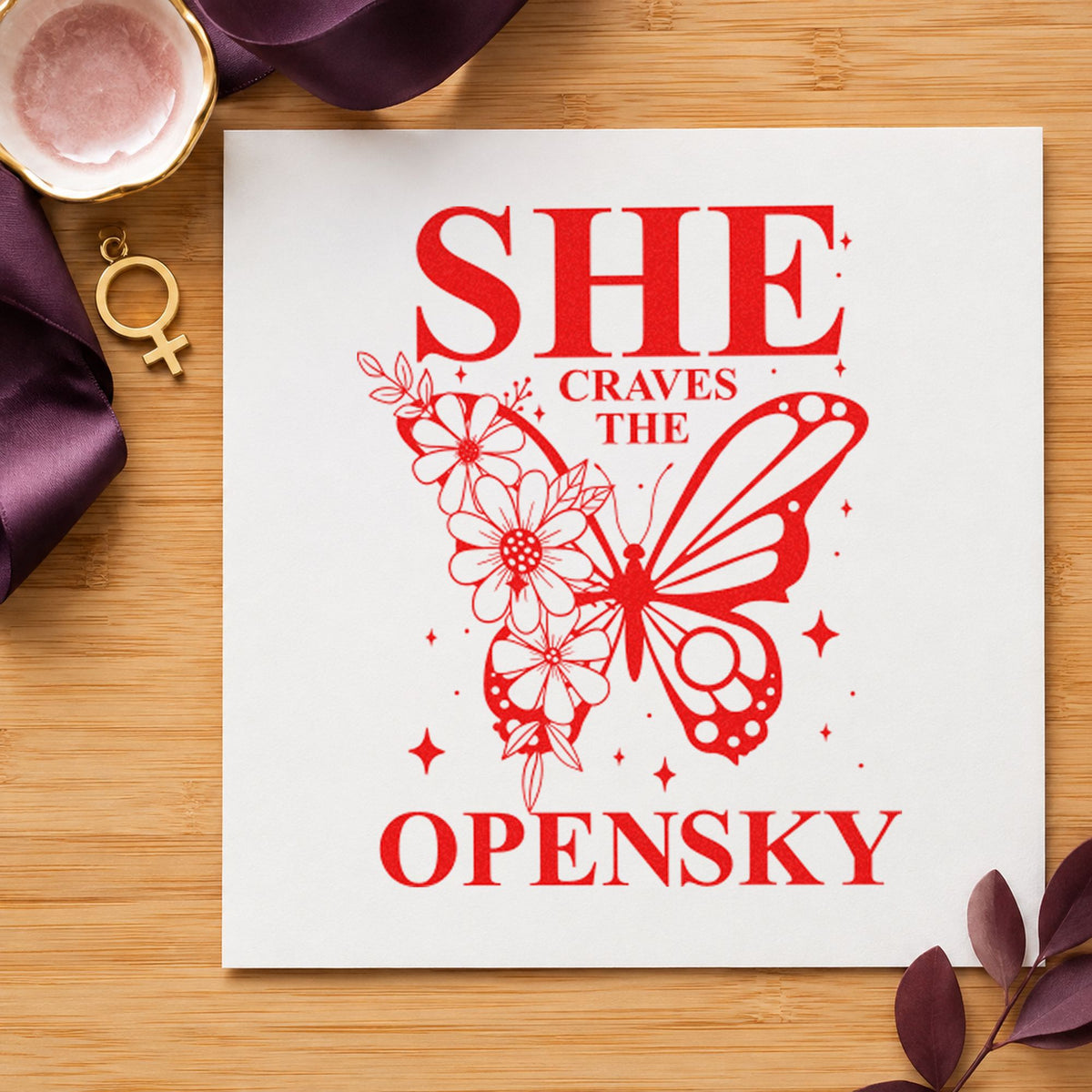 She Craves The Open Sky rubber stamp shown in red ink, stamped for projects such as bin line labels.