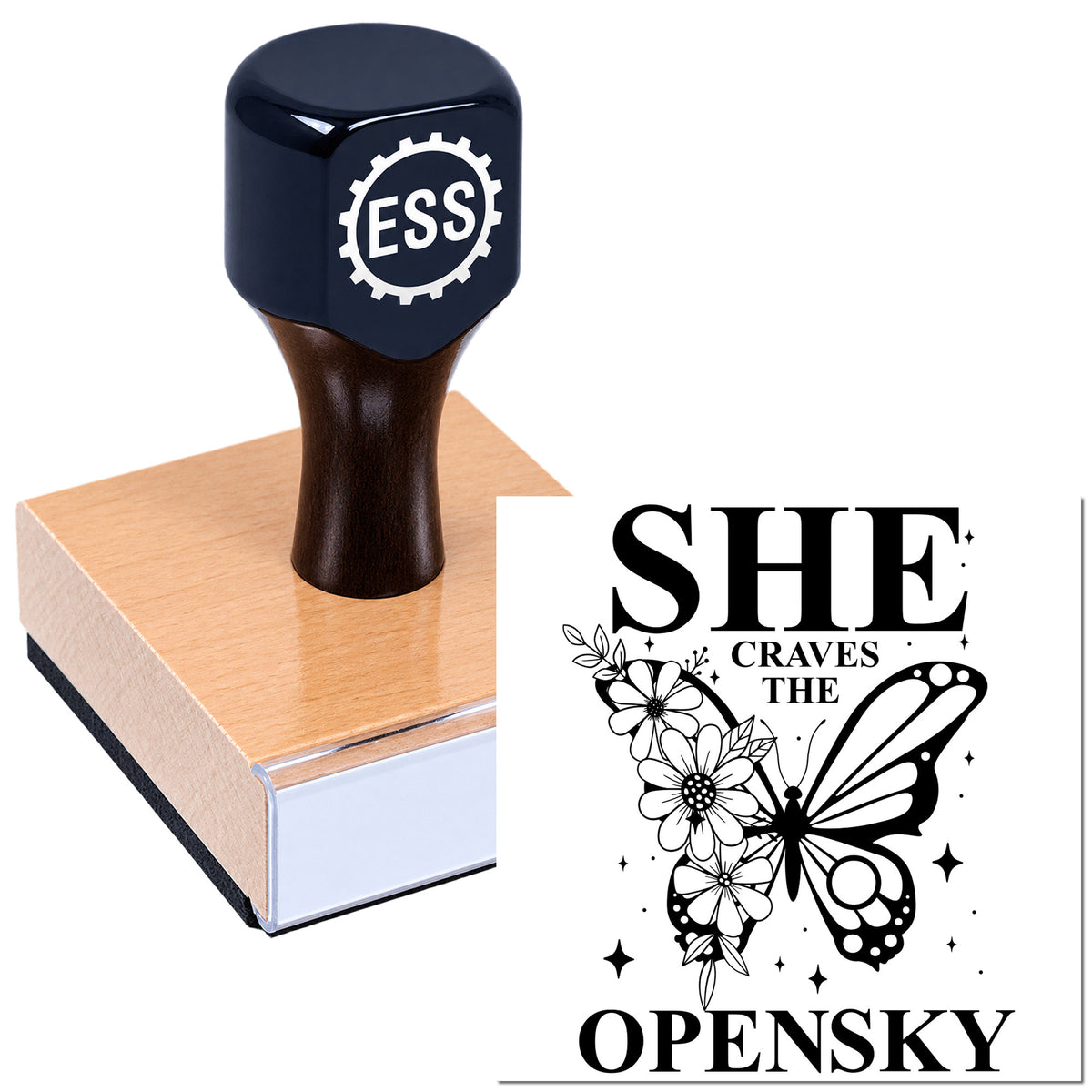 Custom navy stamp and peach seal block with ESS logo, plus black butterfly floral seal reading "SHE CRAVES THE OPENSKY".