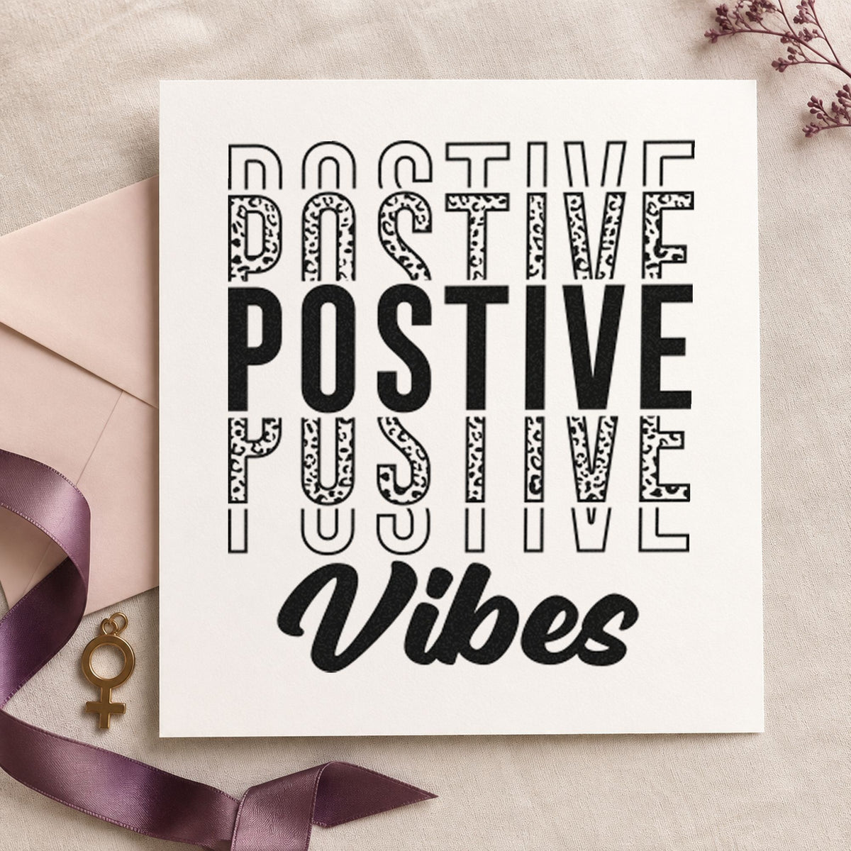 Positive Vibes Repeated Lettering craft stamp imprint in black ink on a handmade project, one idea being decor gift tags.
