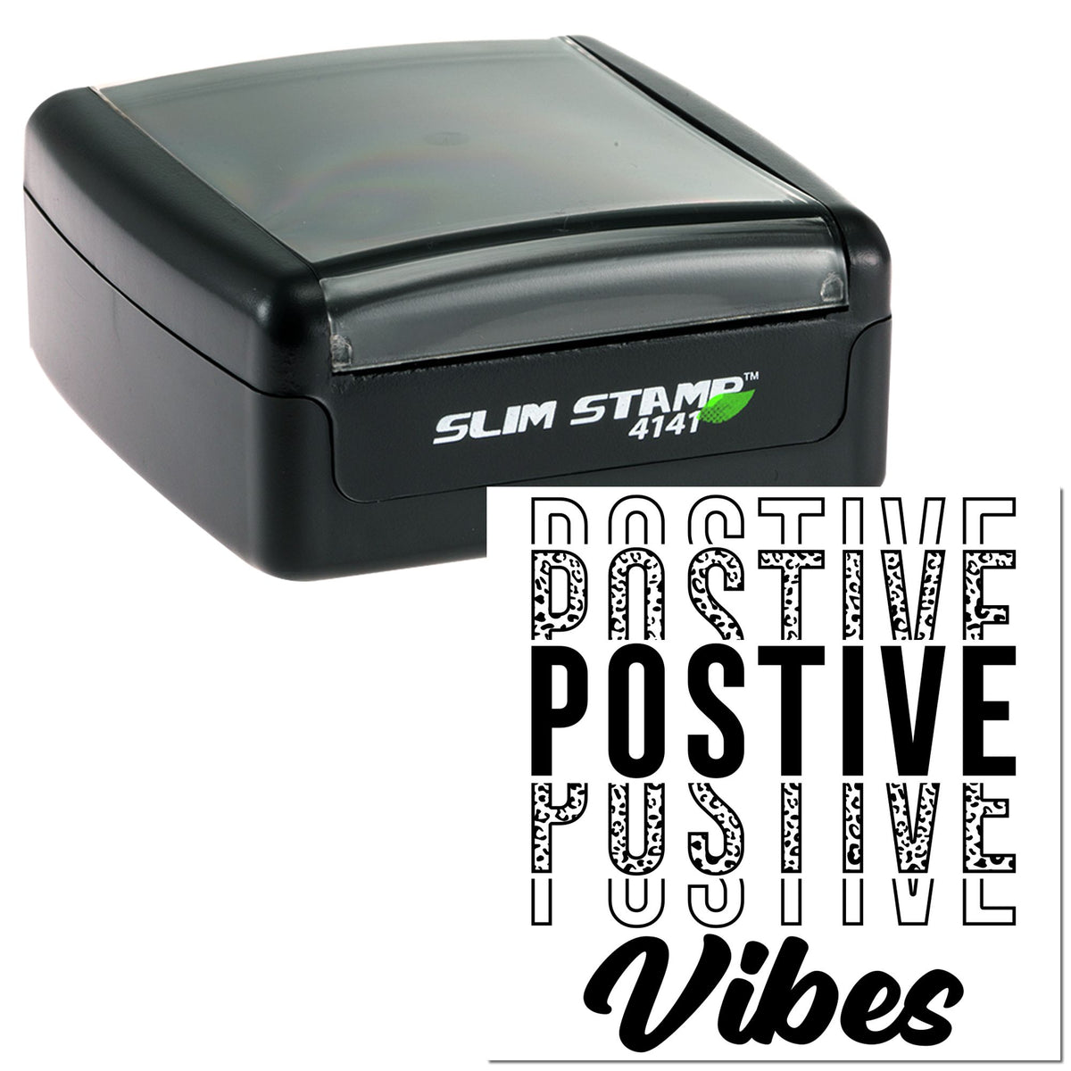 Black self-inking stamp and seal with translucent gray lid, showing bold Positive Vibes custom imprint design.
