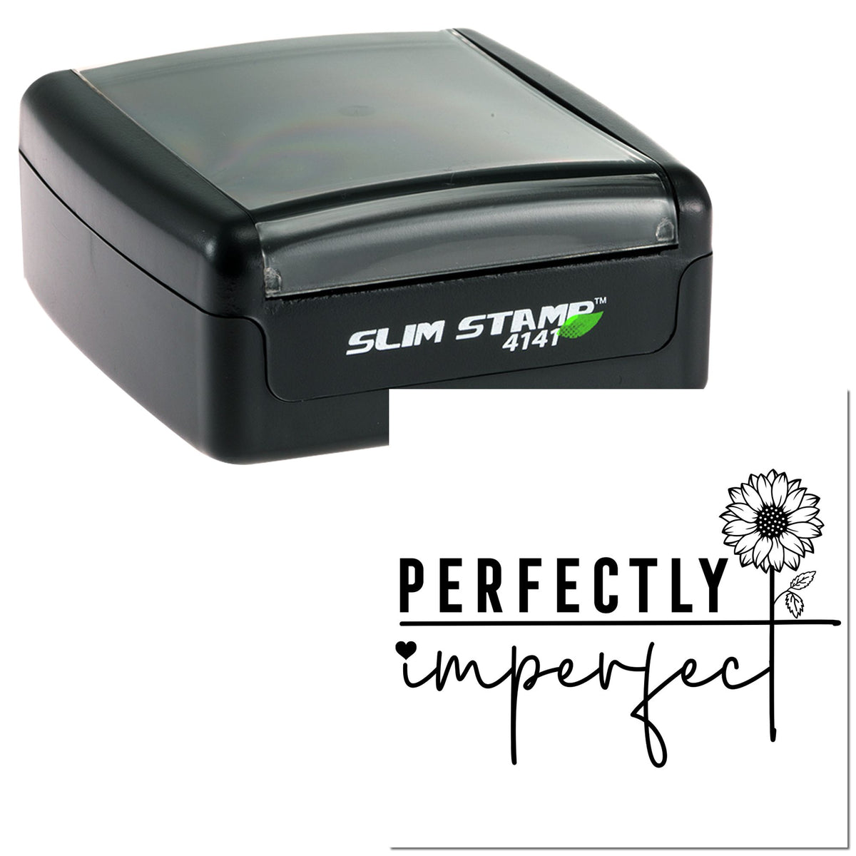 Black slim self-inking stamp and seal with floral perfectly imperfect imprint on white background.
