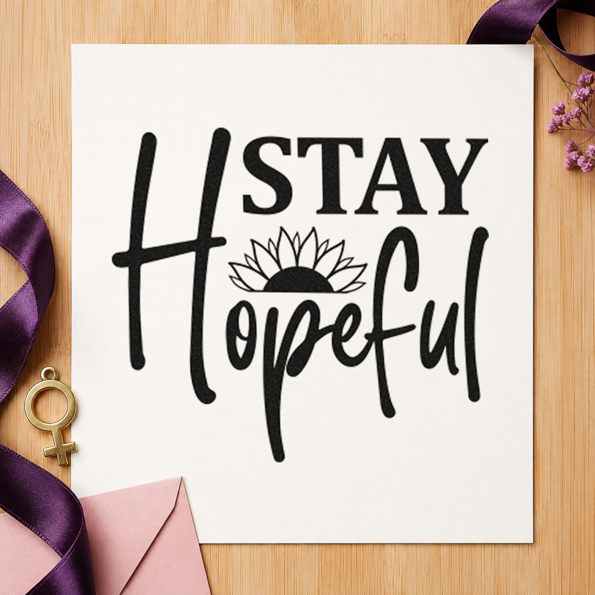 Stay Hopeful Sunflower Lettering craft stamp imprint in black ink on a handmade project, one idea being care kit gift tags.