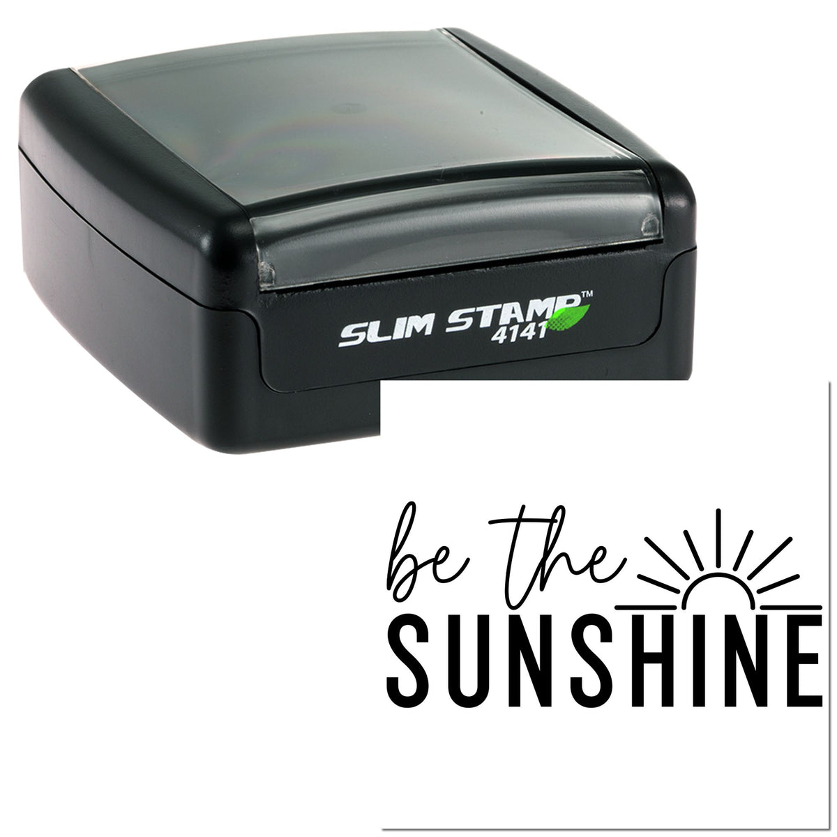 Black slim self-inking stamp and seal with translucent gray lid and be the SUNSHINE graphic on white.