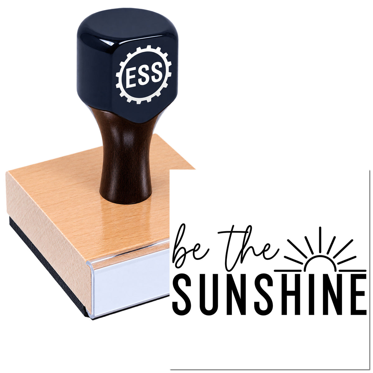 Navy ESS stamp and seal with rose-gold base beside "be The SUNSHINE" text