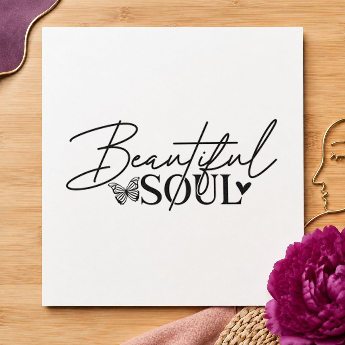 Beautiful Soul Butterfly Lettering craft stamp imprint in black ink on a handmade project, one idea being keepsake gift tags.
