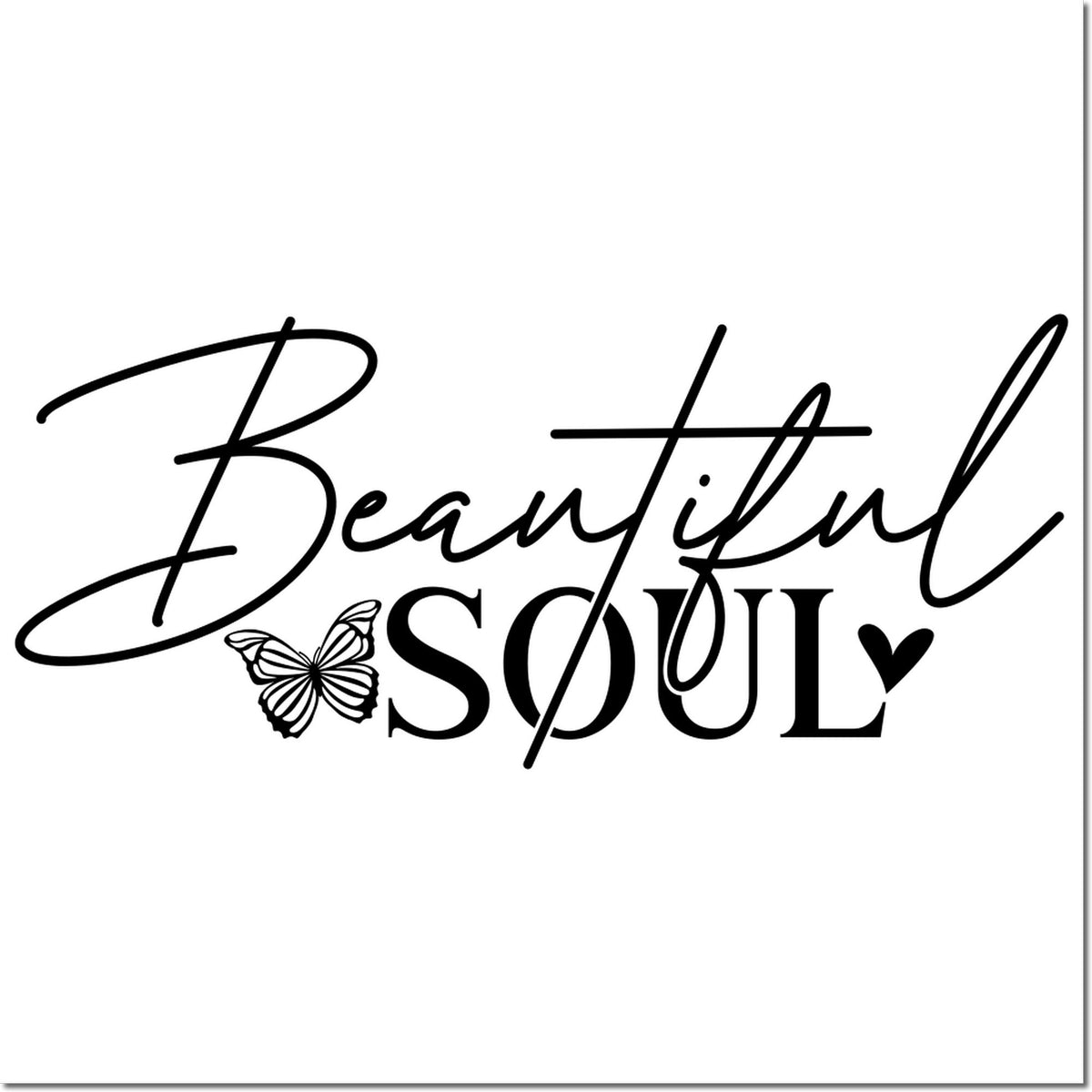 Black custom stamp seal with Beautiful Soul script, butterfly, and heart on a white background.