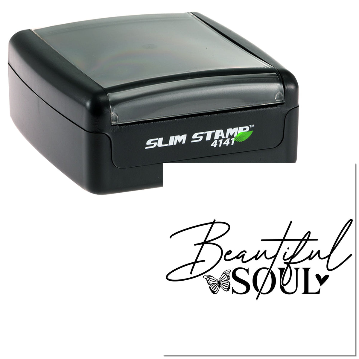 Black self-inking stamp with translucent gray lid and Beautiful Soul seal in elegant black script.