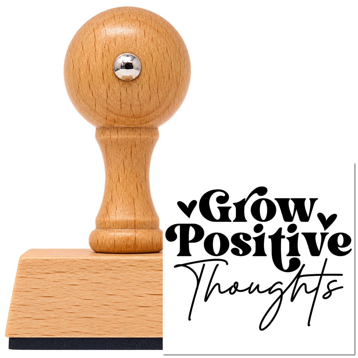 Vintage Pro beech wood stamp with a round knob handle, shown with its black Grow Positive Thoughts Hearts imprint on white.