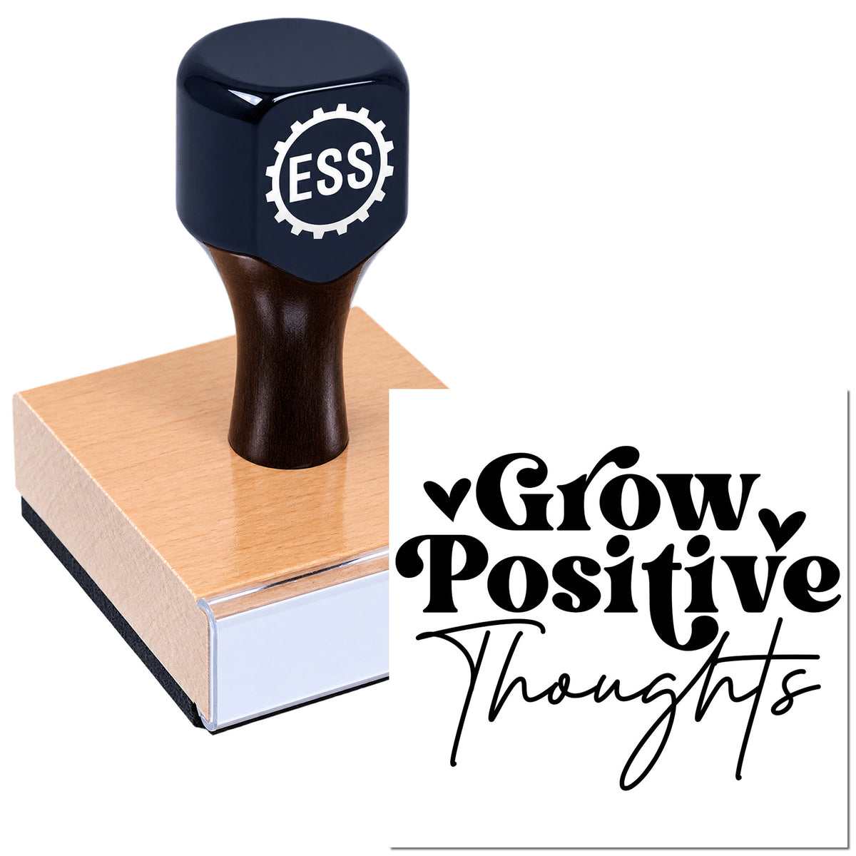 Navy custom stamp and seal on wood block printing black "Grow Positive Thoughts" with hearts.