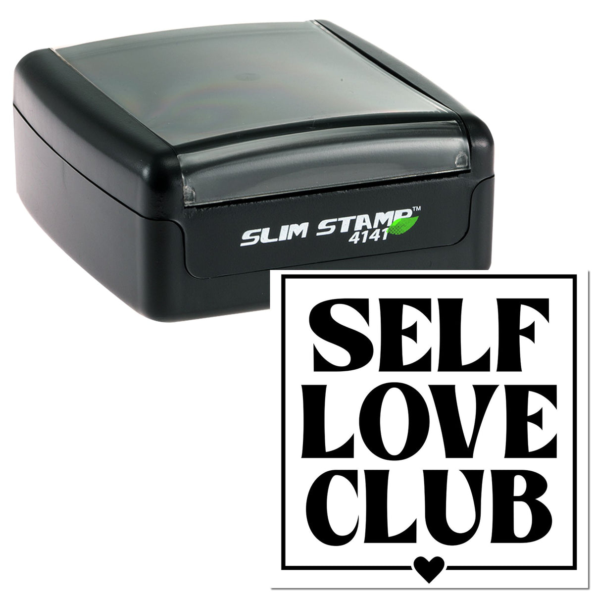 Black self-inking Slim Stamp 4141 with white SELF LOVE CLUB impression and heart seal graphic.