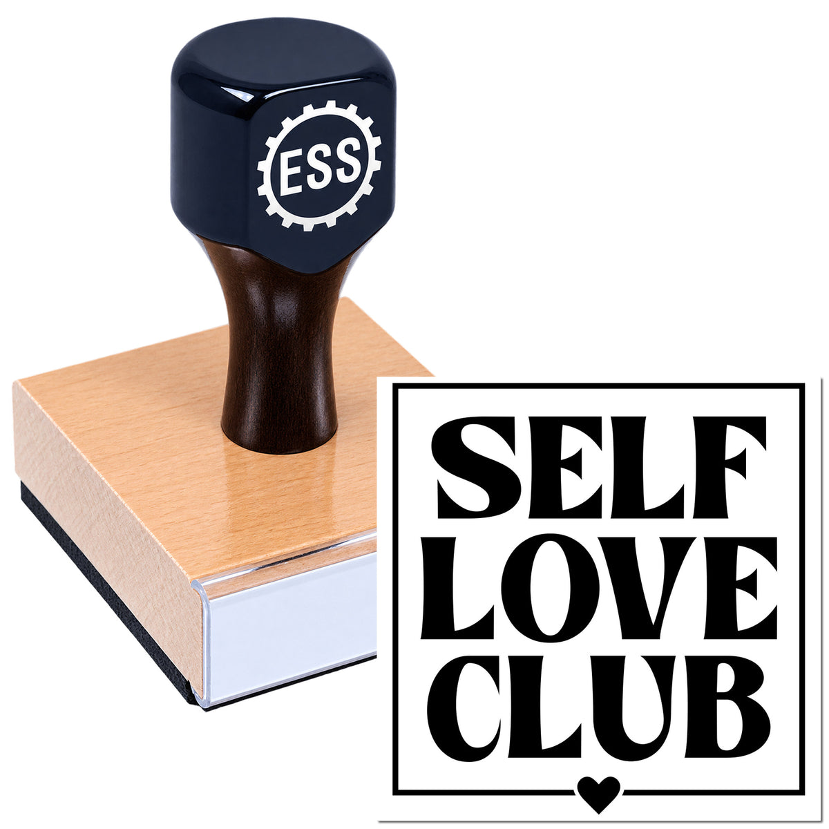 Dark blue ESS self-inking stamp on pink seal block, with bold black "SELF LOVE CLUB" design.