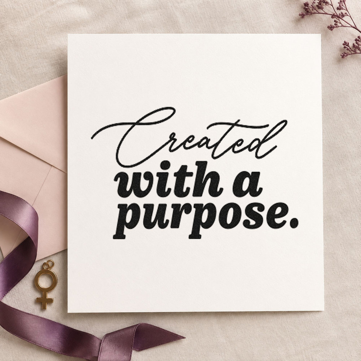 Created With A Purpose craft stamp imprint in black ink on a handmade project, one idea being delivery gift tags.