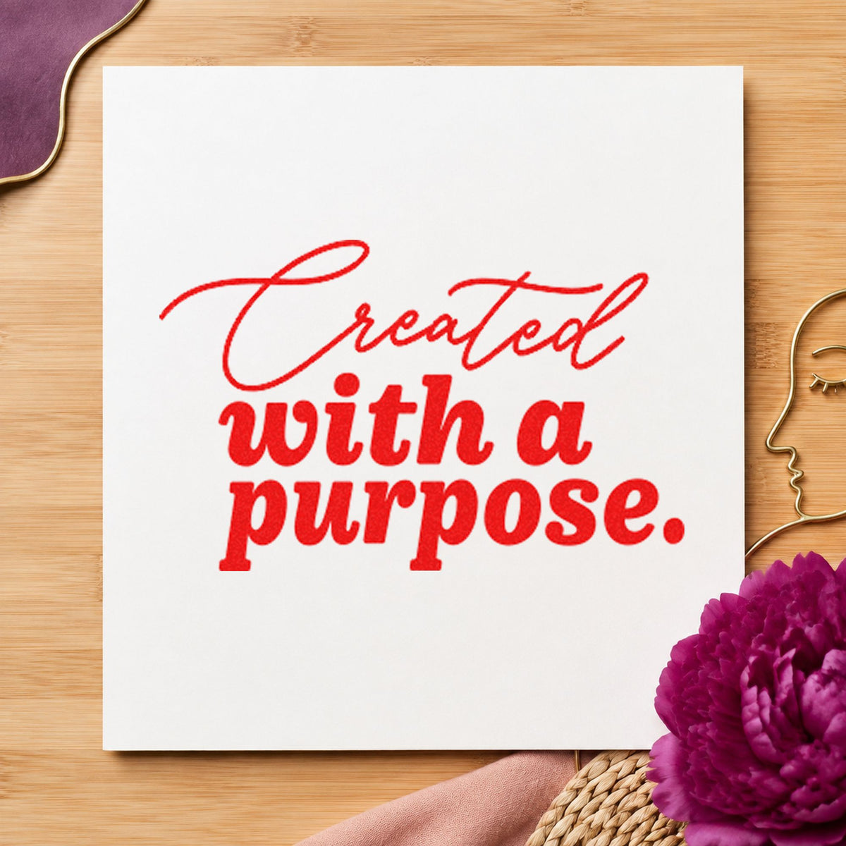 Created With A Purpose rubber stamp shown in red ink, stamped for projects such as bin offcut labels.