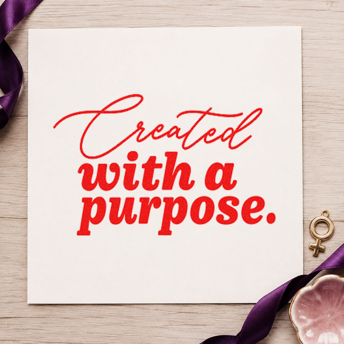 Created With A Purpose craft stamp imprint in red ink on a handmade project, one idea being care guide cards.