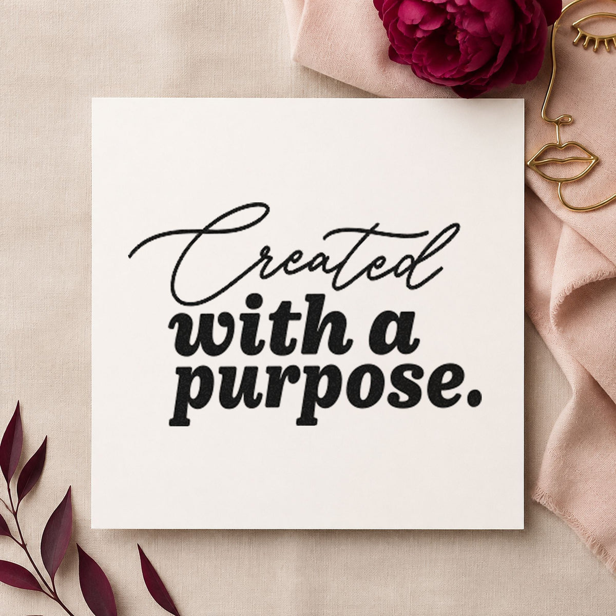 Created With A Purpose rubber stamp printed in black ink, ready for rounded script cards and similar paper crafts.