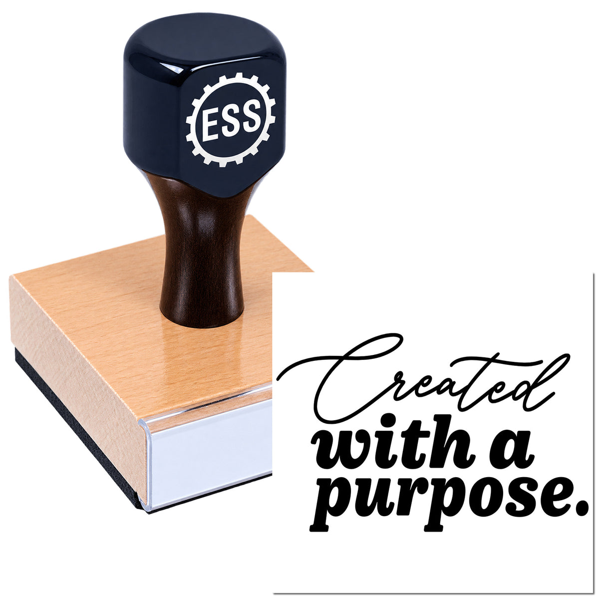 Dark navy ESS custom stamp on copper seal block, with "Created with a purpose" text.