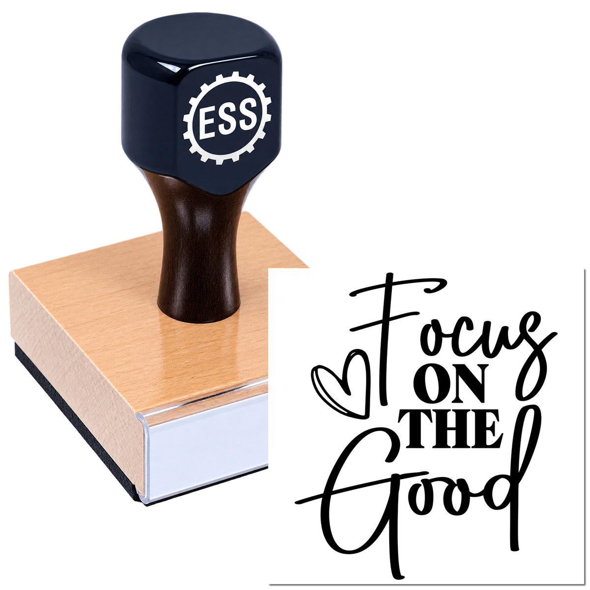 Black ESS rubber stamp and seal on copper base, with "Focus on the Good" in bold black script.