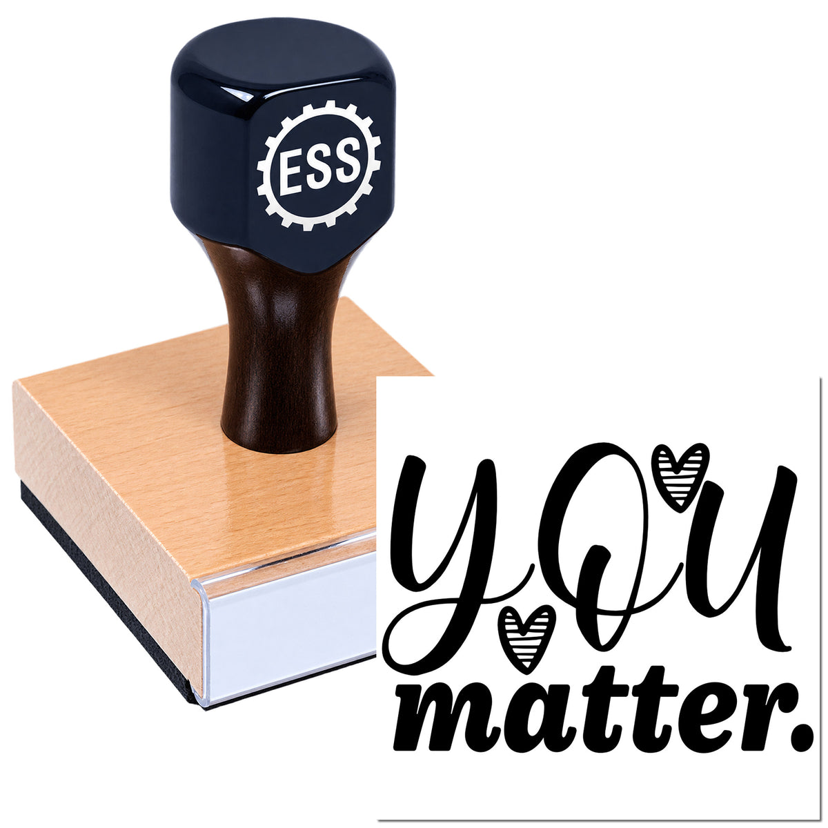 Dark navy self-inking stamp and seal with copper base, featuring "you matter" script and heart accents.