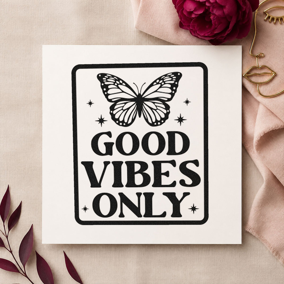 Good Vibes Only Butterfly craft stamp in black ink on cardstock, an easy option for school year album page.
