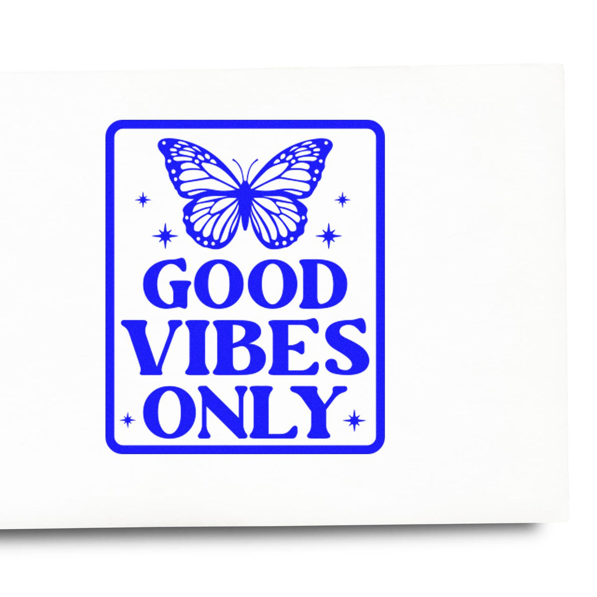 Blue rubber stamp and seal design with butterfly, stars, and bold GOOD VIBES ONLY text in a rounded border.